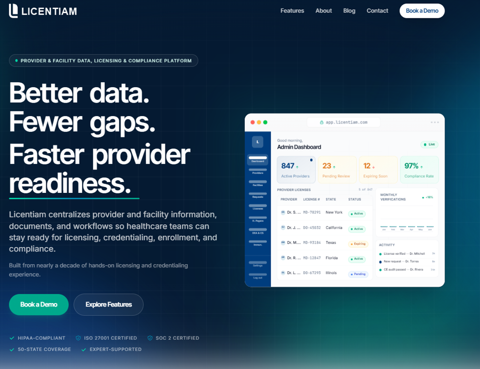 Licentiam credentialing platform homepage