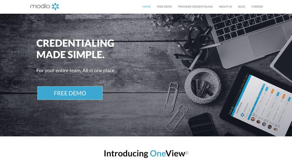 Modio Health OneView credentialing platform homepage